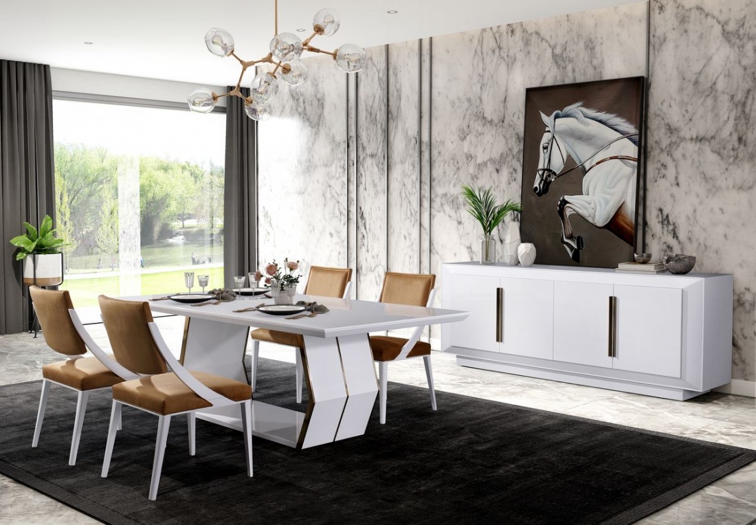 O charme da Sala de jantar Sagres White, com seu estilo clássico e moderno, é perfeito para criar um ambiente aconchegante para as reuniões familiares e amigos.
