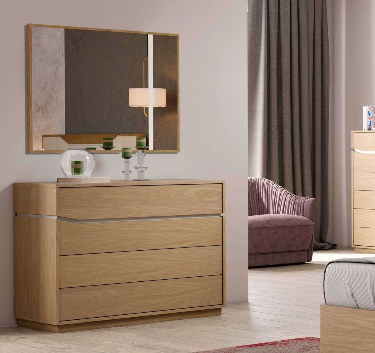 Um quarto de casal moderno e sofisticado precisa de uma comoda e espelho Luca Mor dá um toque elegante a este ambiente.