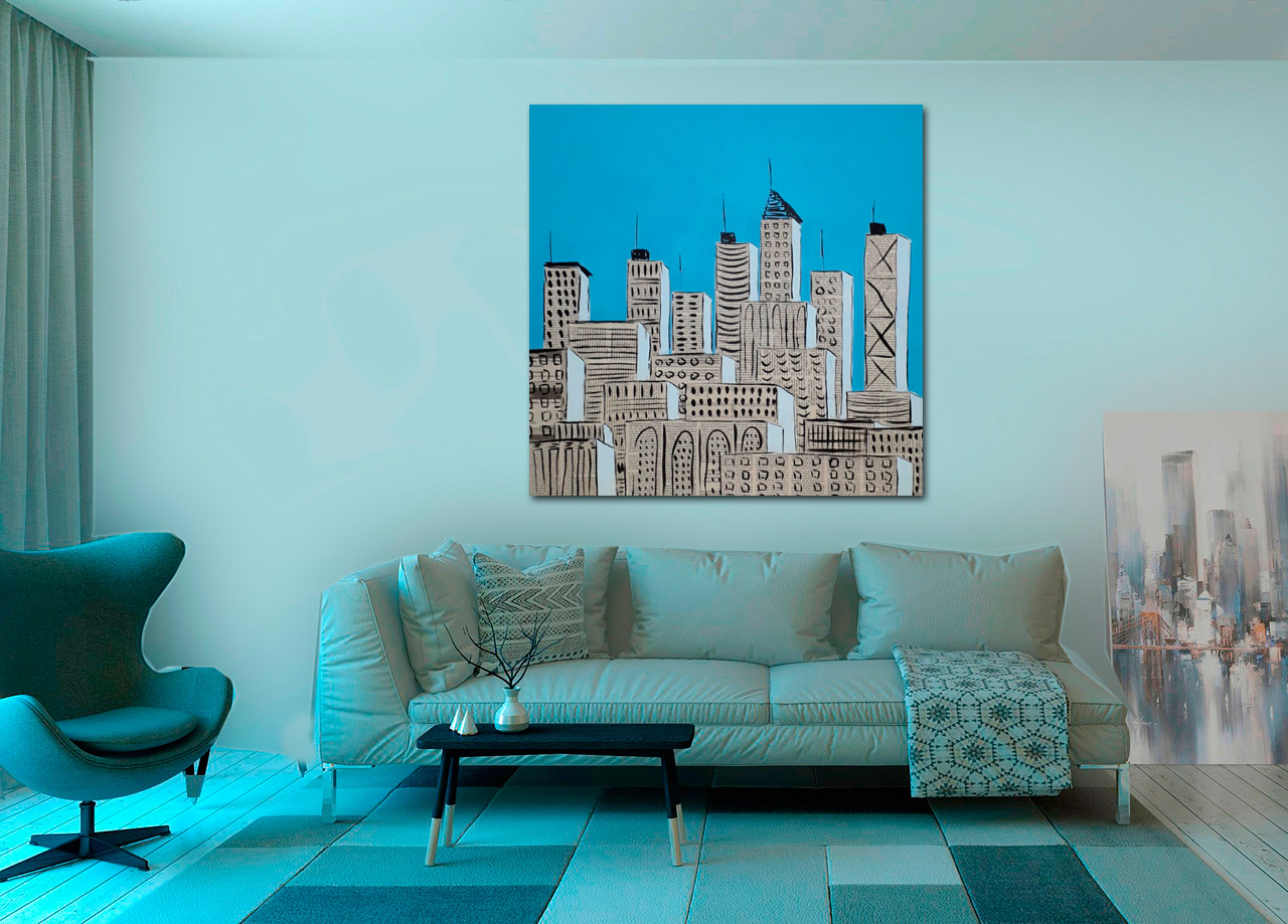 Pintura de edifícios com fundo azul