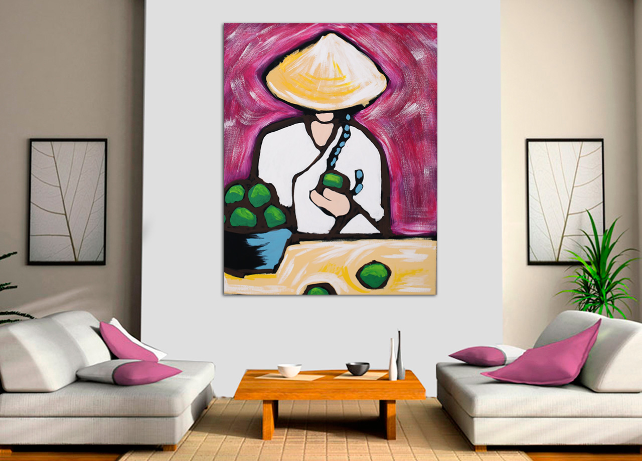 Quadro oriental pintando com frutas