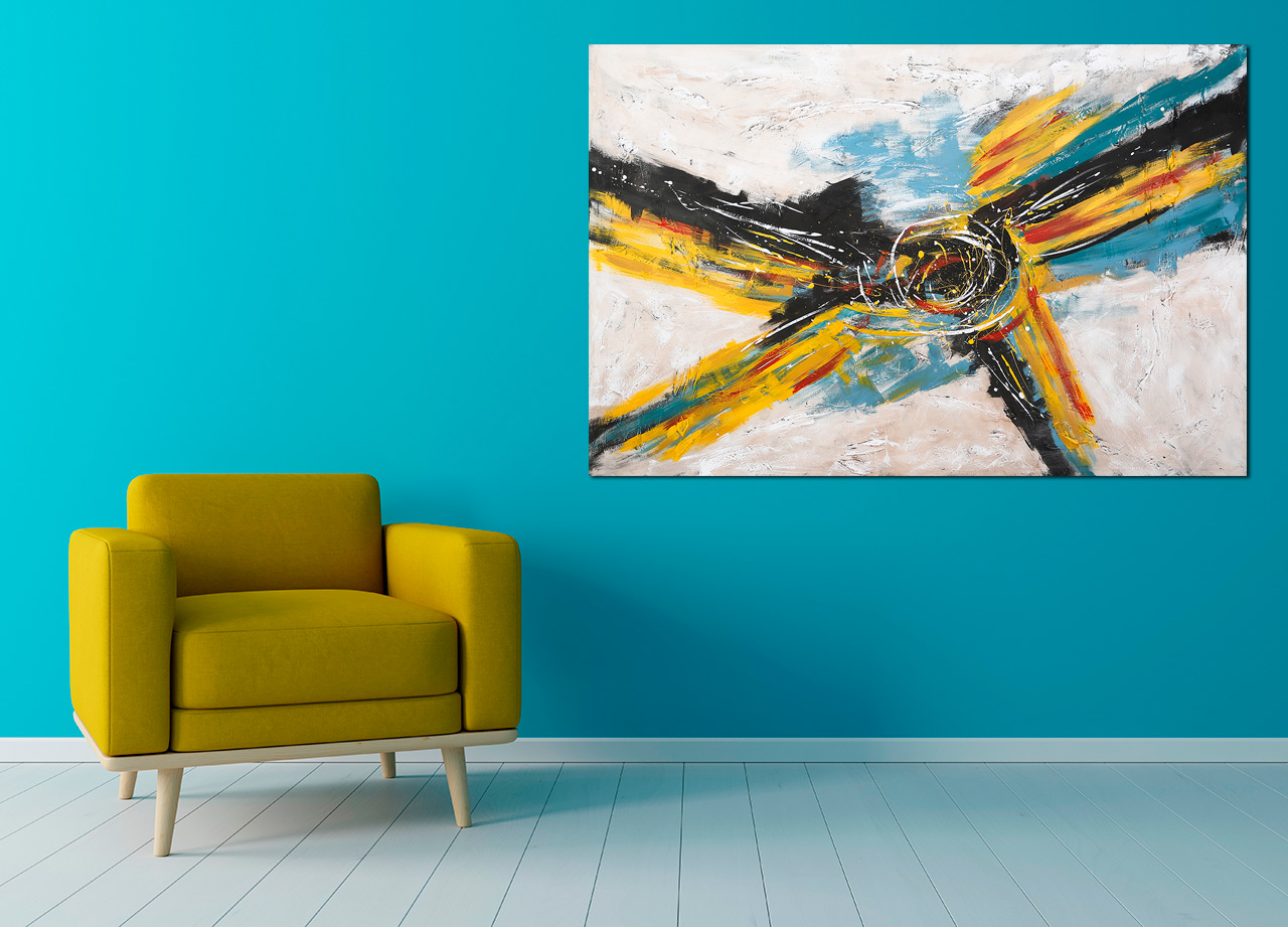 Quadro Azul abstrato com pintura amarela