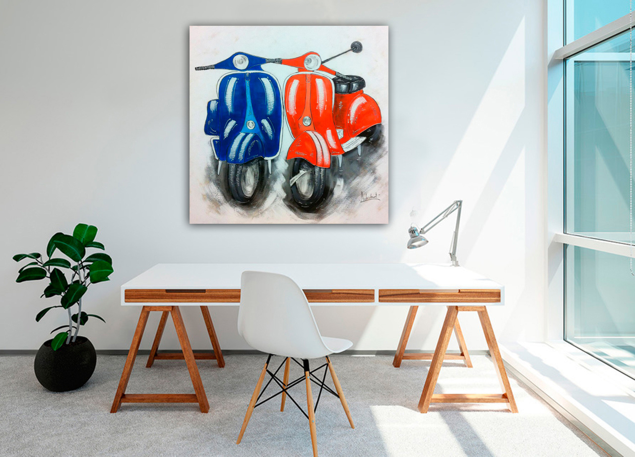 Quadro de motocicleta azul e laranja