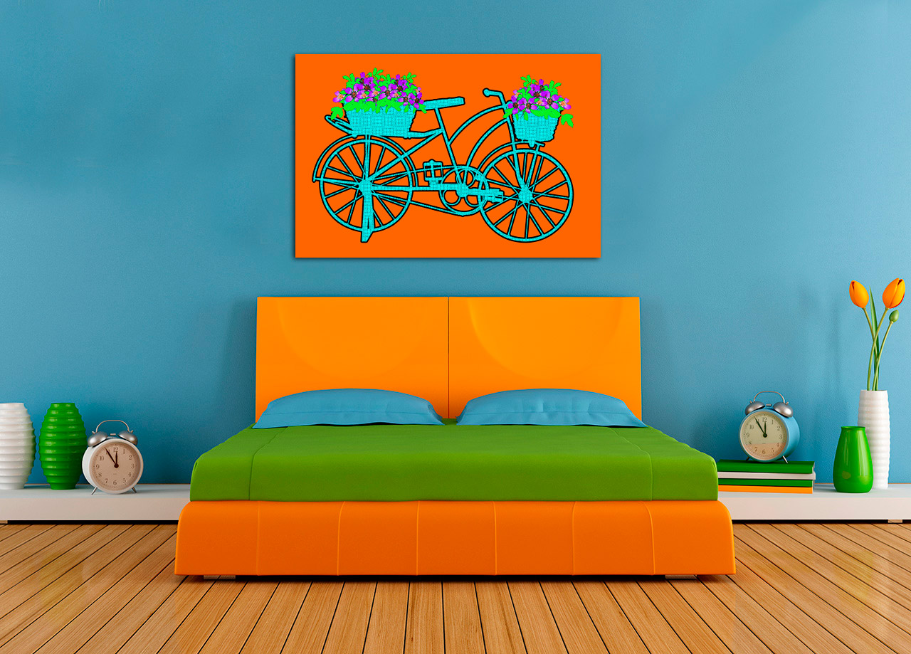 Quadro de bicicleta laranja e turquesa