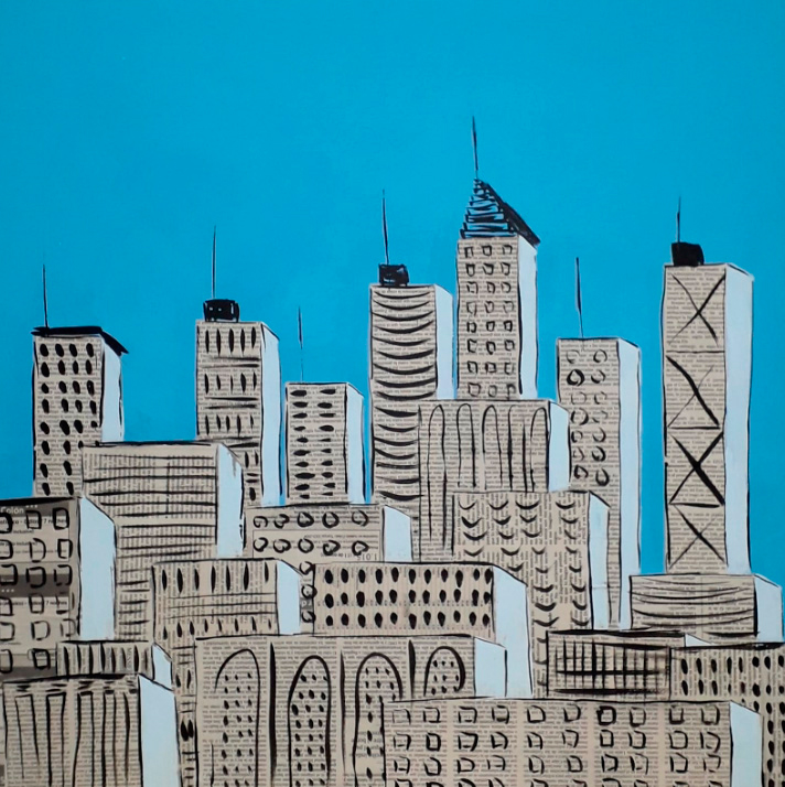 Pintura de edifícios com fundo azul