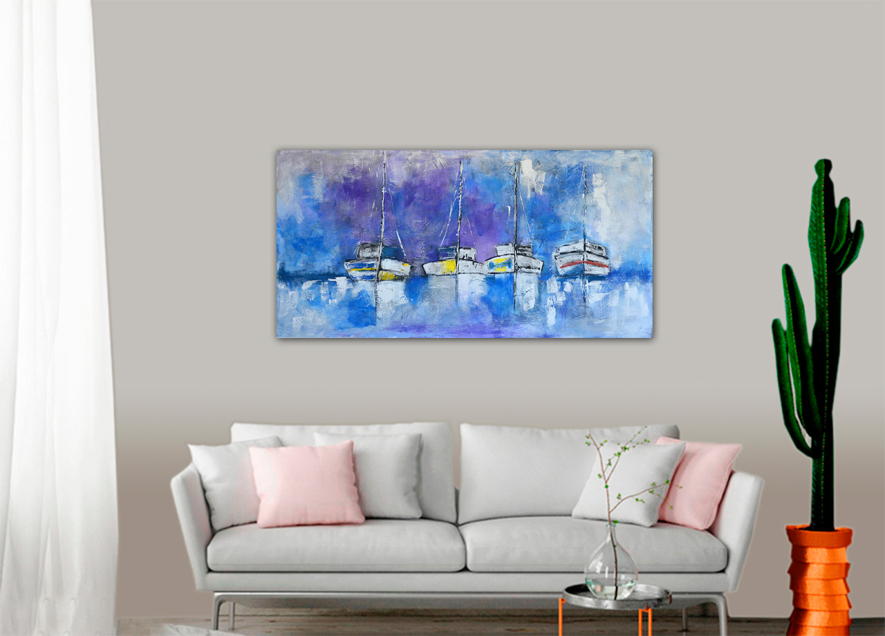 Quadro Barcos em pintura azul