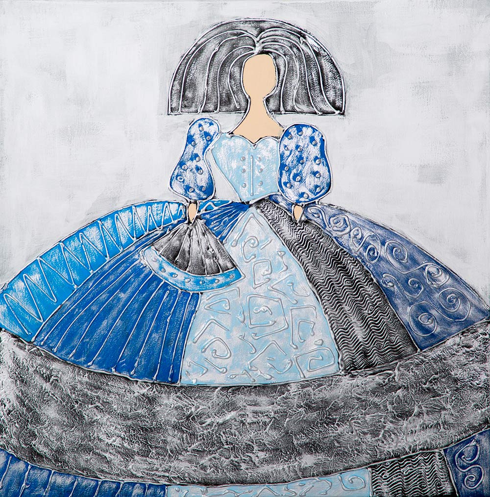 Pintura de leque menina azul