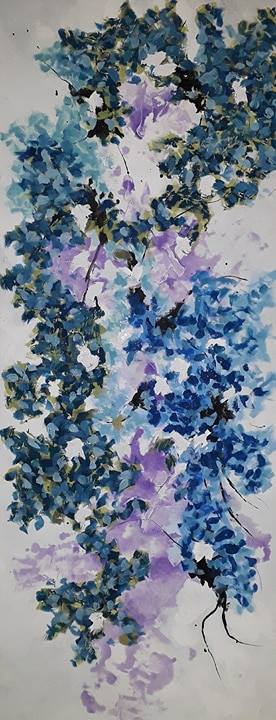 Pintura de flores lilás e azul