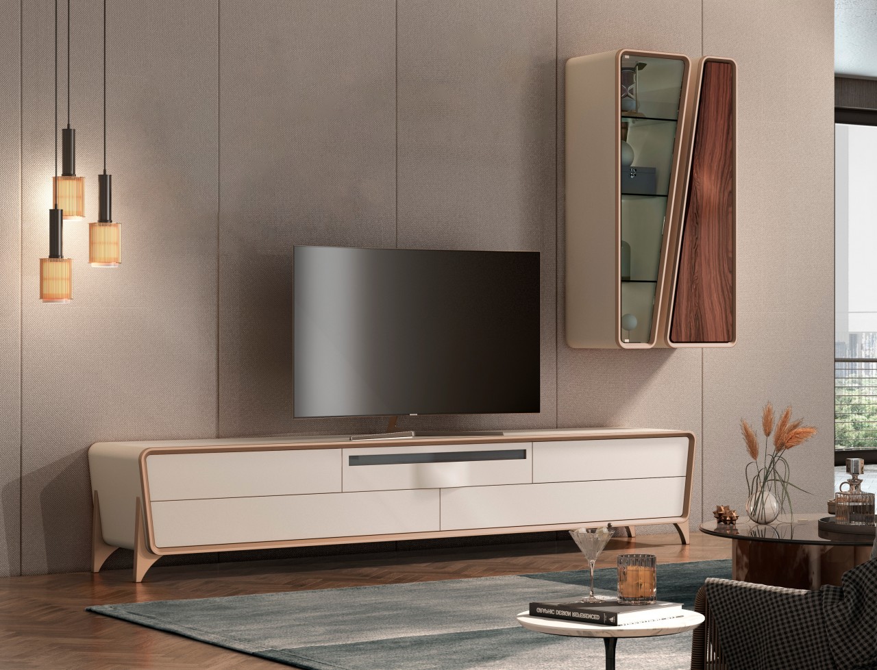 A estante TV Musa Curve é a forma ideal para exibir o seu ecrã plano de televisão. Ela oferece um design moderno, com linhas curvas que dão mais destaque à sua decoração.