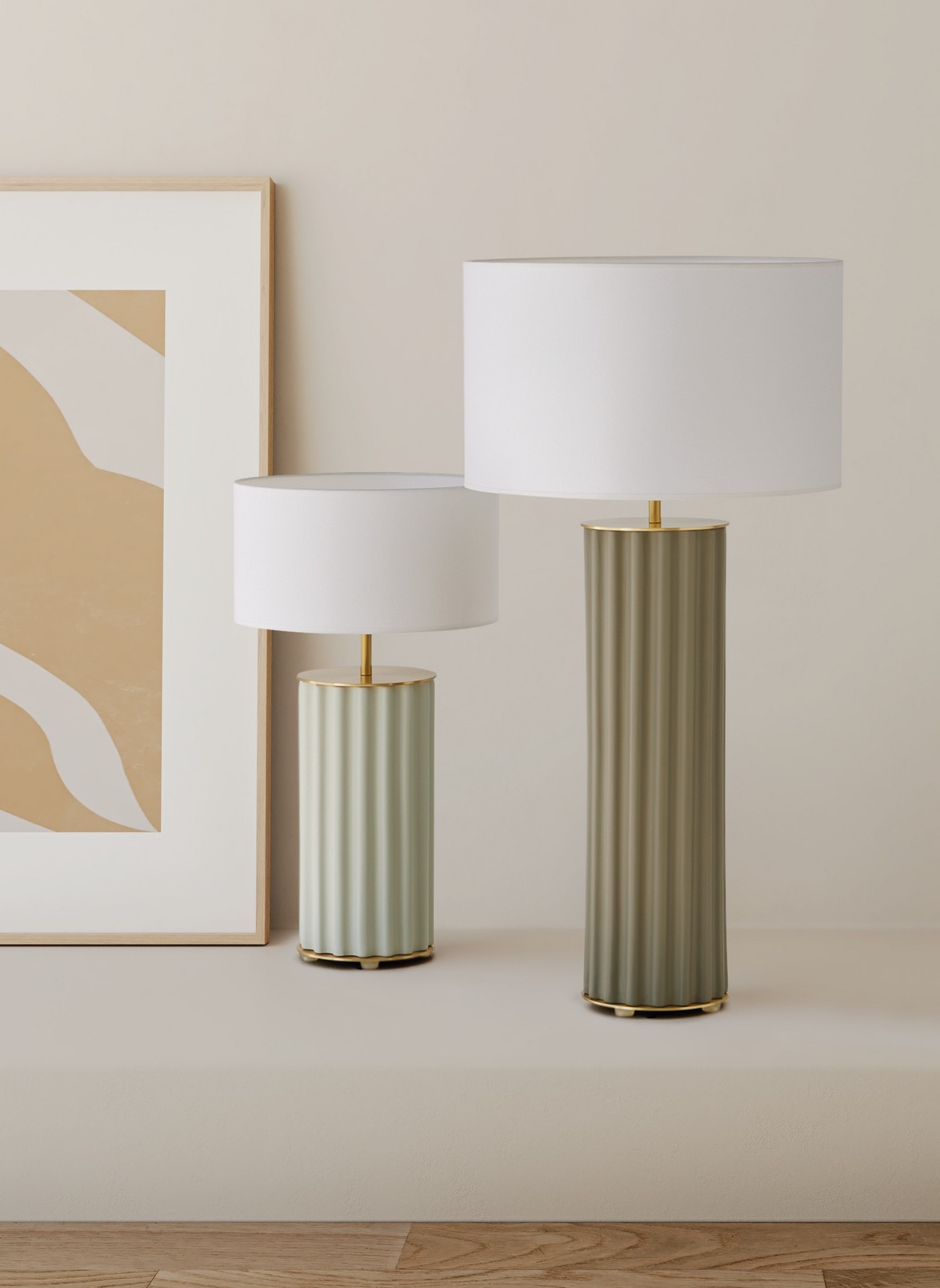 Candeeiro de mesa Sonica com base canelada verde e abajur branco