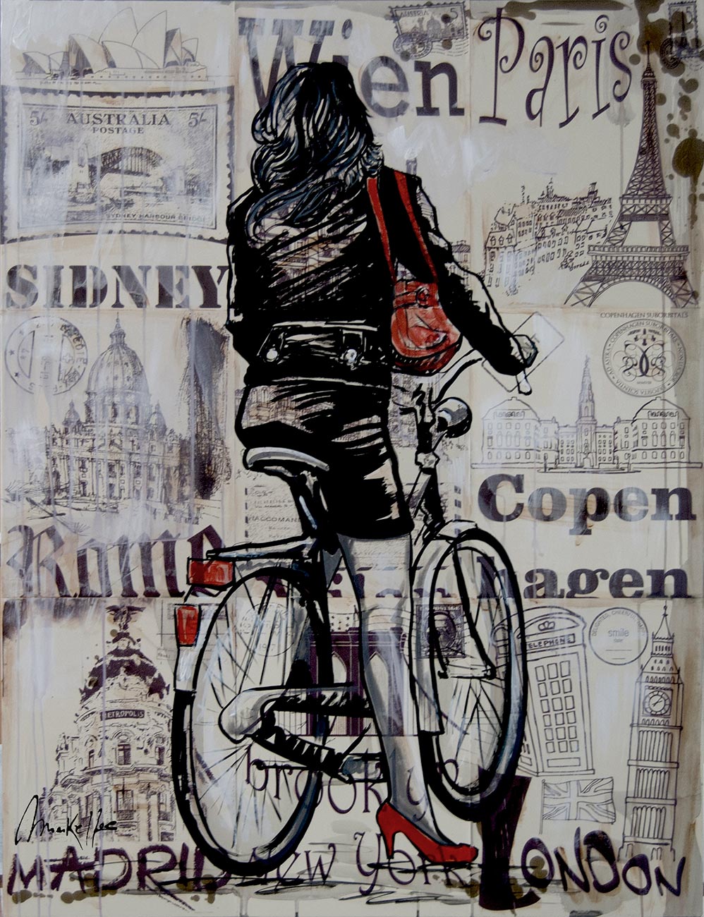 Menina pintando colagem com bicicleta
