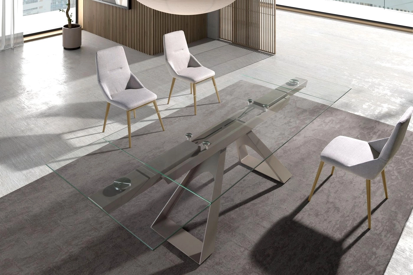 Mesa extensível com tampo de vidro e base geométrica, com duas cadeiras brancas