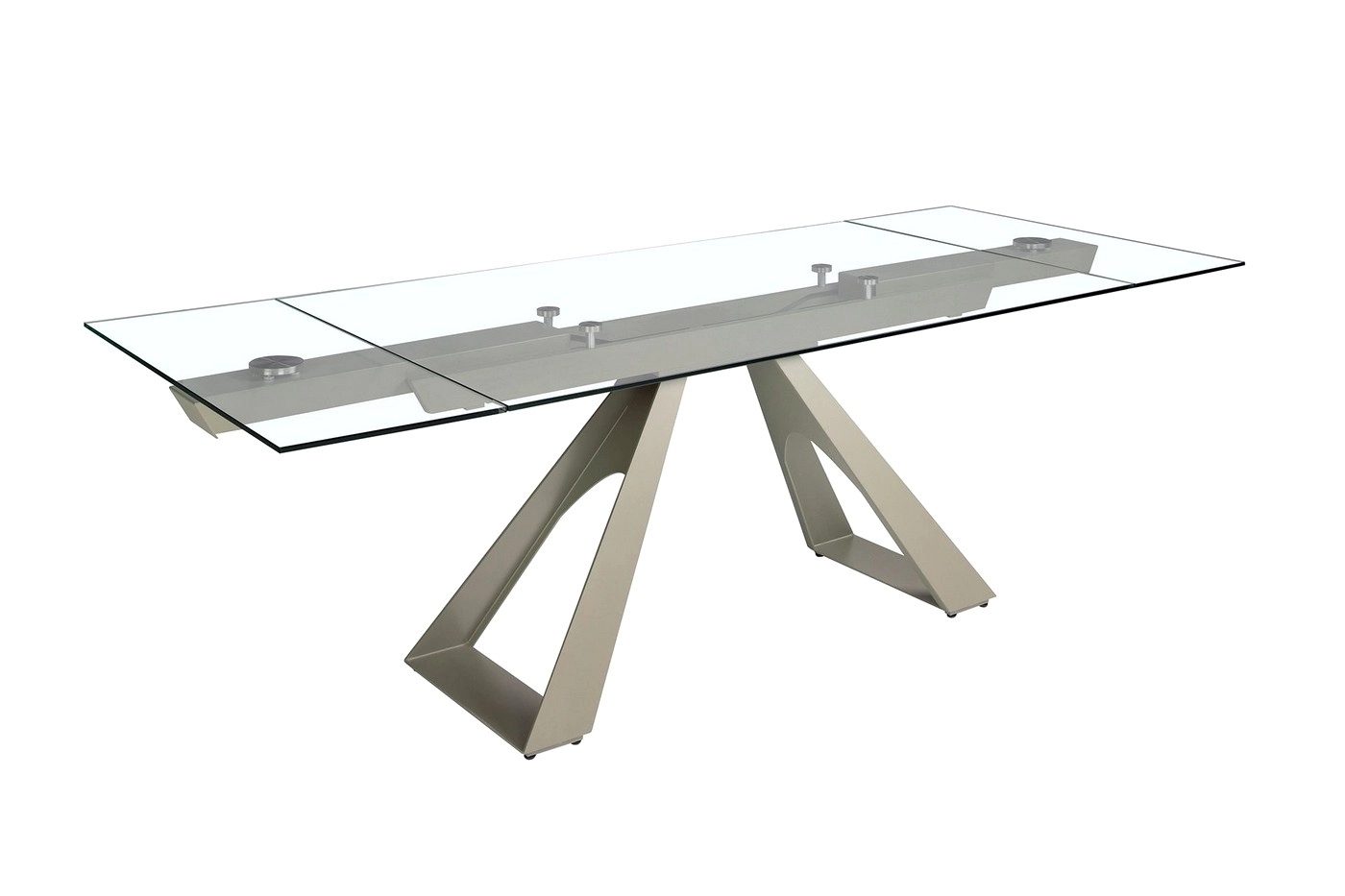 Mesa com tampo de vidro extensível e base metálica triangular prateada