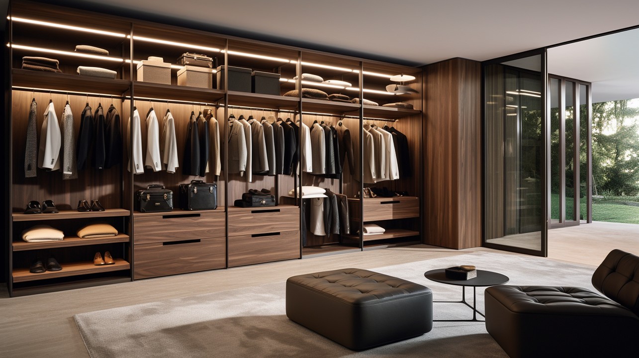O closet moderno possui design minimalista e funcional, com foco em organização, otimização de espaço e integração harmoniosa com o ambiente.