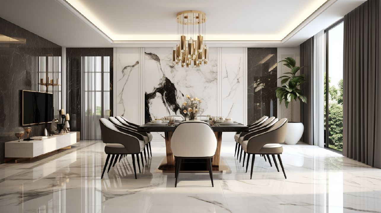 A decoração da sala de jantar envolve escolha de móveis, cortinas, papel de parede, cores e iluminação. Cada detalhe contribui para criar um ambiente aconchegante e convidativo.