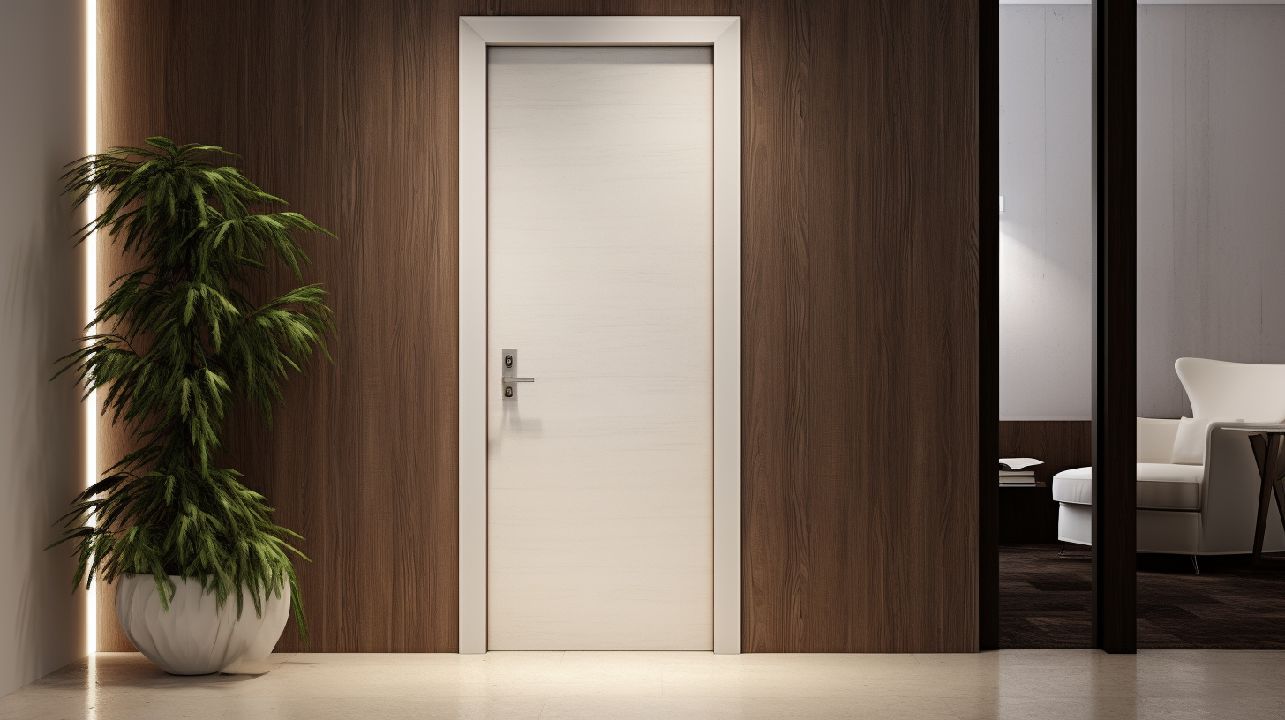 As portas interiores brancas complementam o ambiente, trazendo luminosidade e sensação de amplitude. Sua versatilidade permite a combinação com diferentes estilos de decoração, proporcionando elegância e sofisticação.