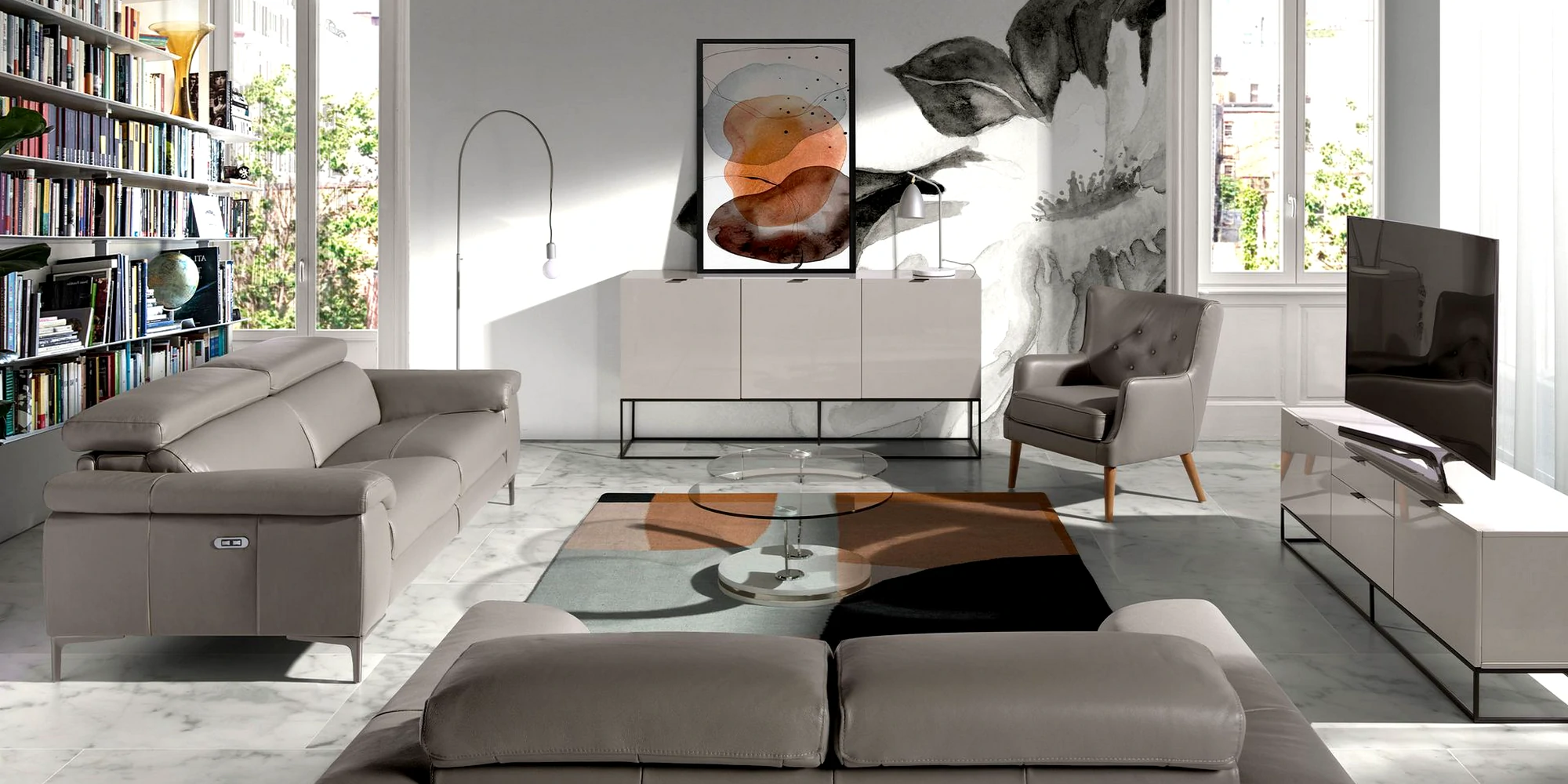 Espaço elegante com sofás confortáveis e móvel para TV, ideal para momentos de lazer e convivência.