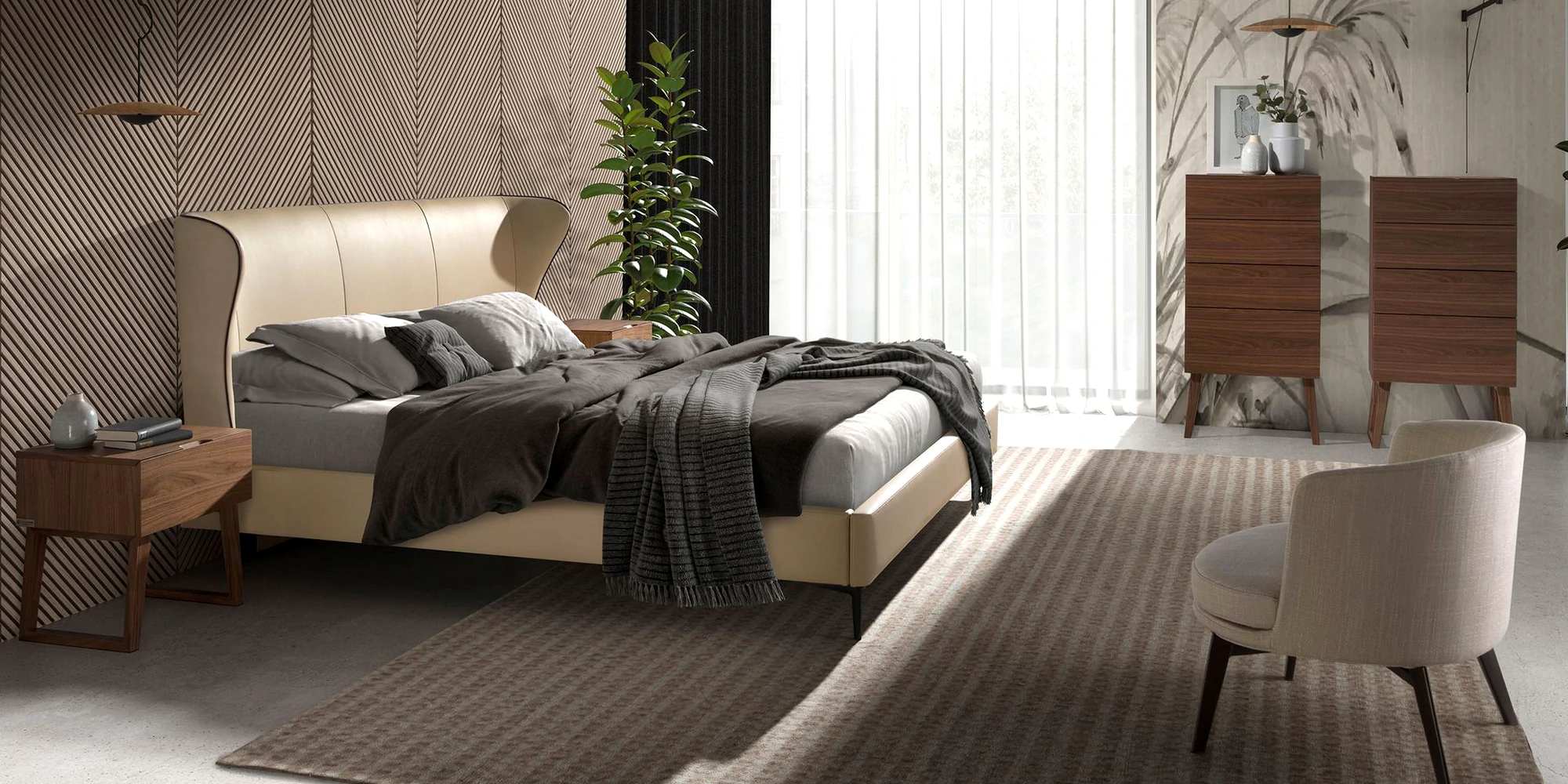 Quarto de casal elegante com camiseiros funcionais e cadeirão confortável para momentos de relaxamento.