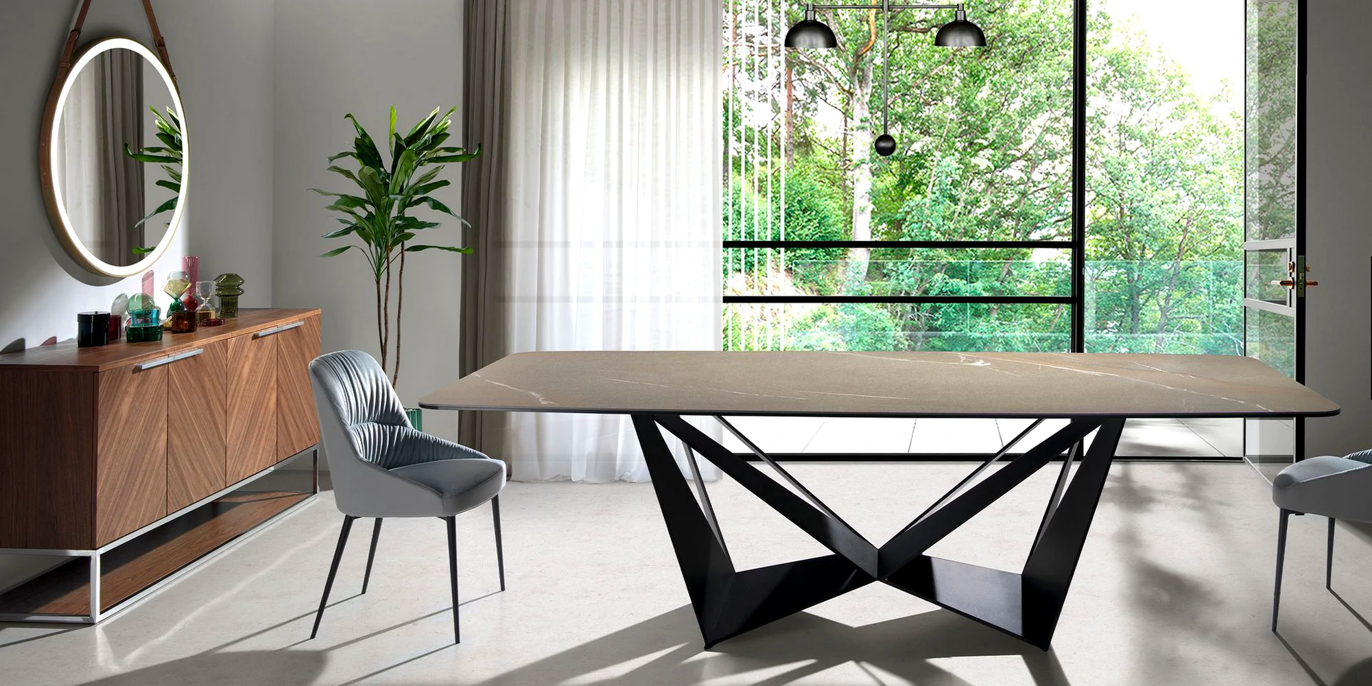 Espaço de jantar contemporâneo com mesa moderna, ideal para encontros especiais e decoração estilosa.