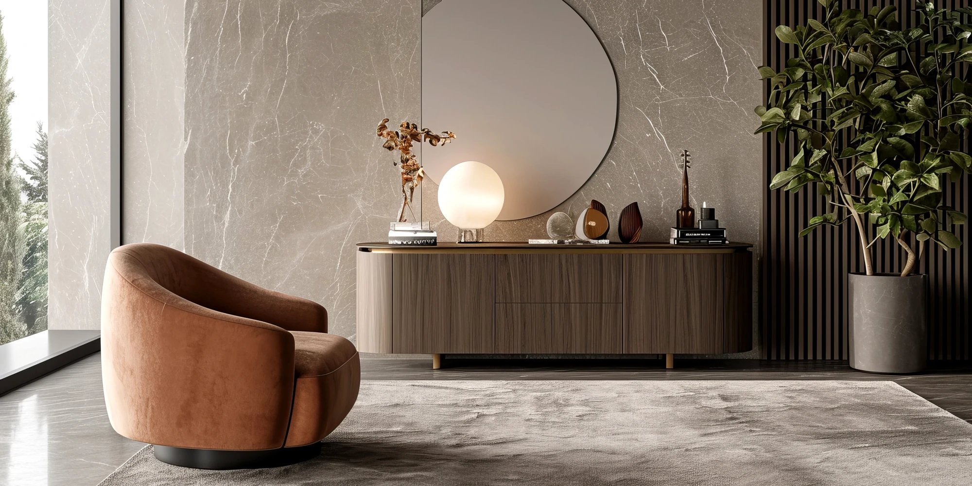 Aparador em nogueira com cantos redondos, combinando elegância e funcionalidade no design