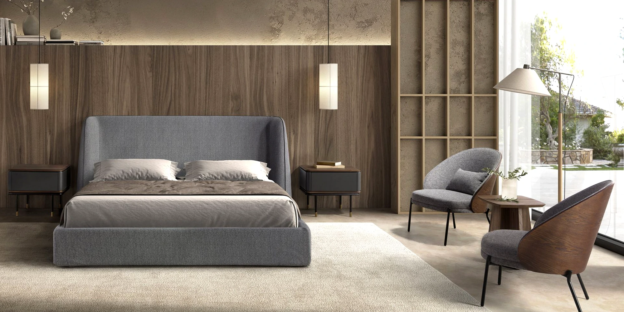 Ambiente acolhedor de casal com mesinhas elegantes e cadeirão, perfeito para leitura e descanso