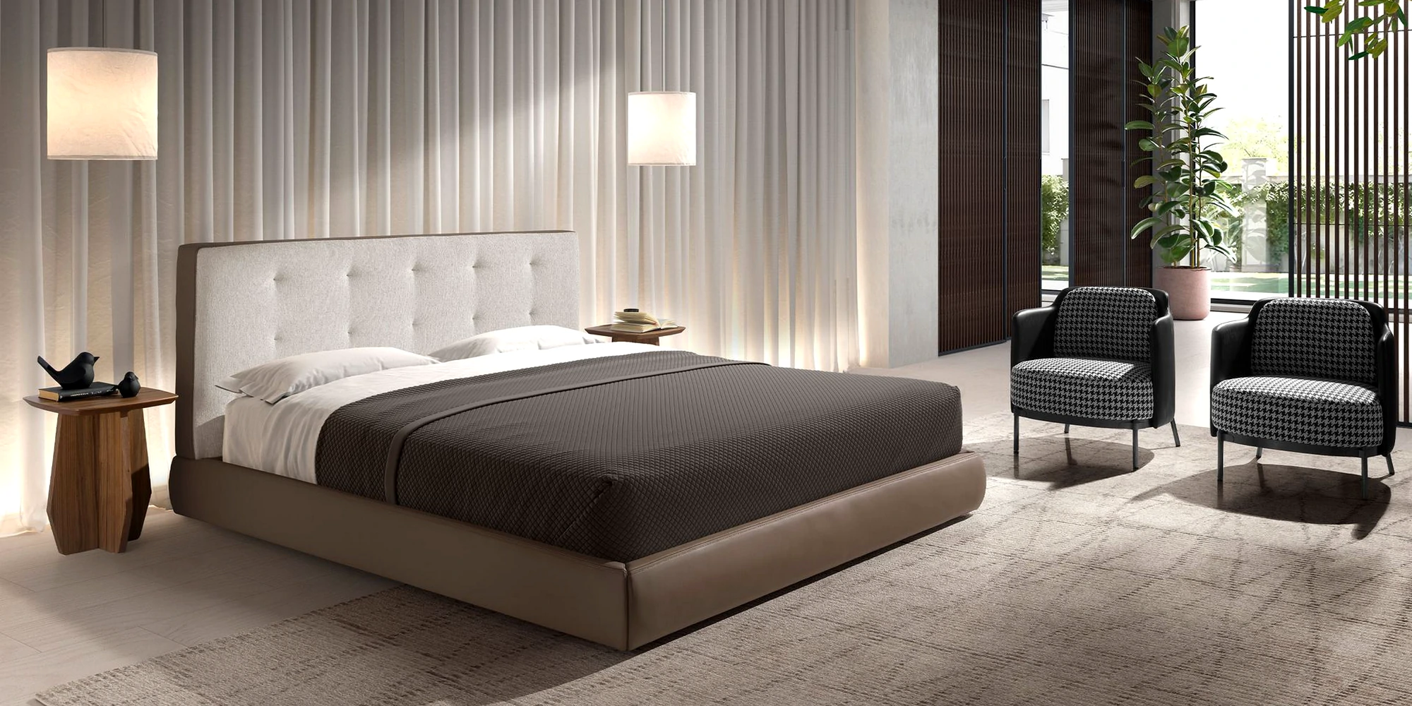 Quarto de casal sofisticado com mesinhas práticas e cadeirão confortável, ideal para relaxar.
