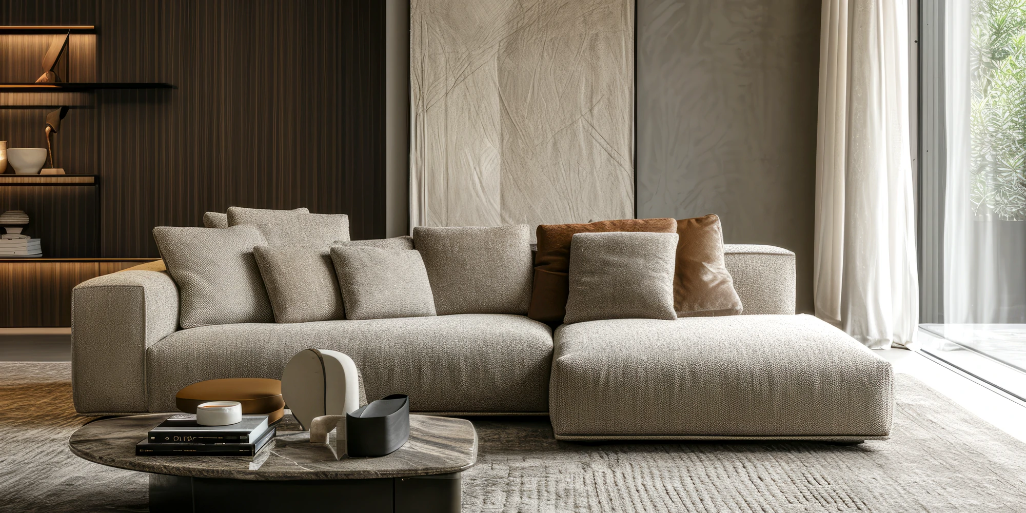 Sala de estar moderna com sofá chaise longue, proporcionando conforto e estilo ao ambiente