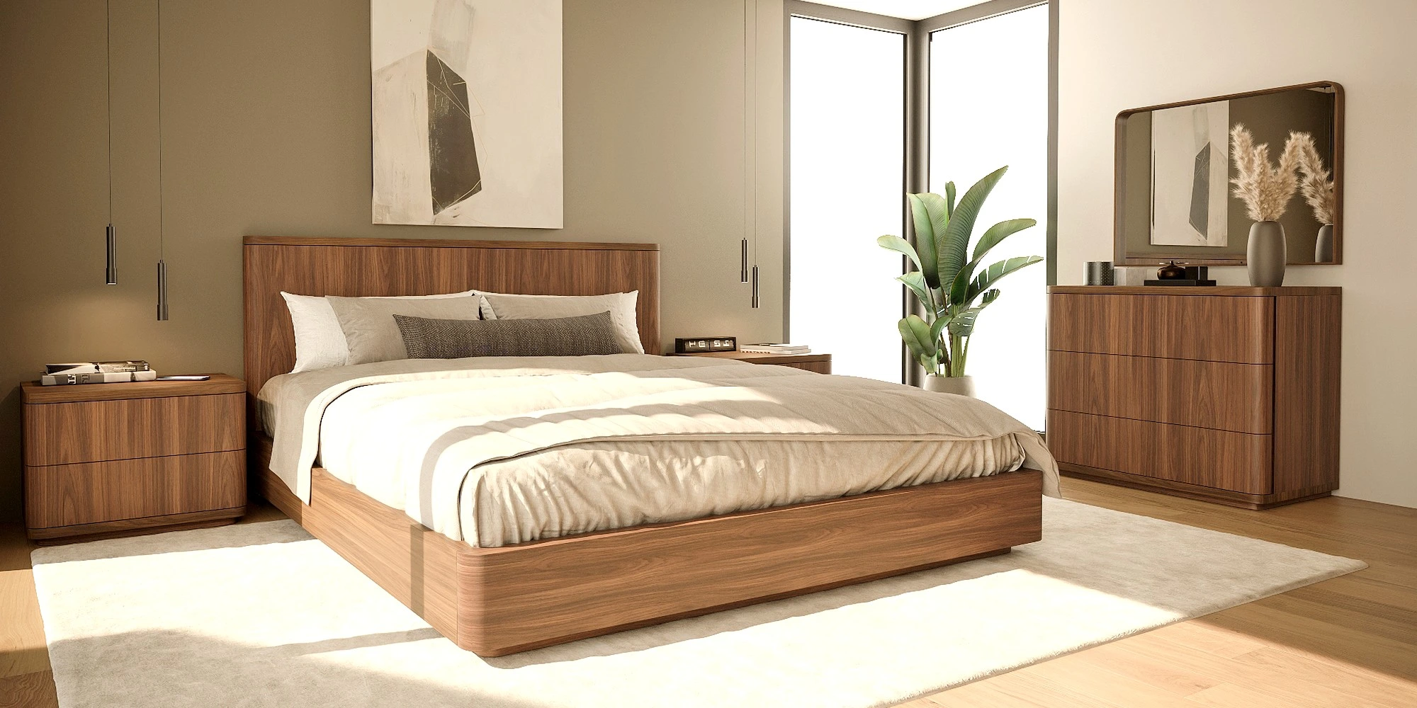 Quarto completo em nogueira, com design elegante, materiais de qualidade e conforto para o dia a dia.