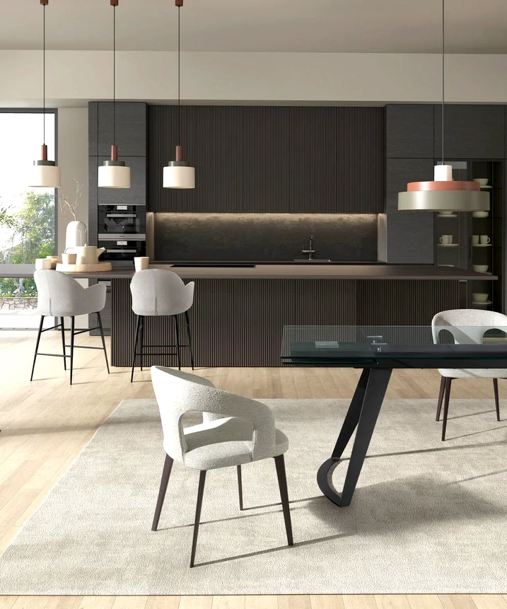 Design sofisticado em cozinha moderna com ilha, ideal para culinária prática e encontros sociais.