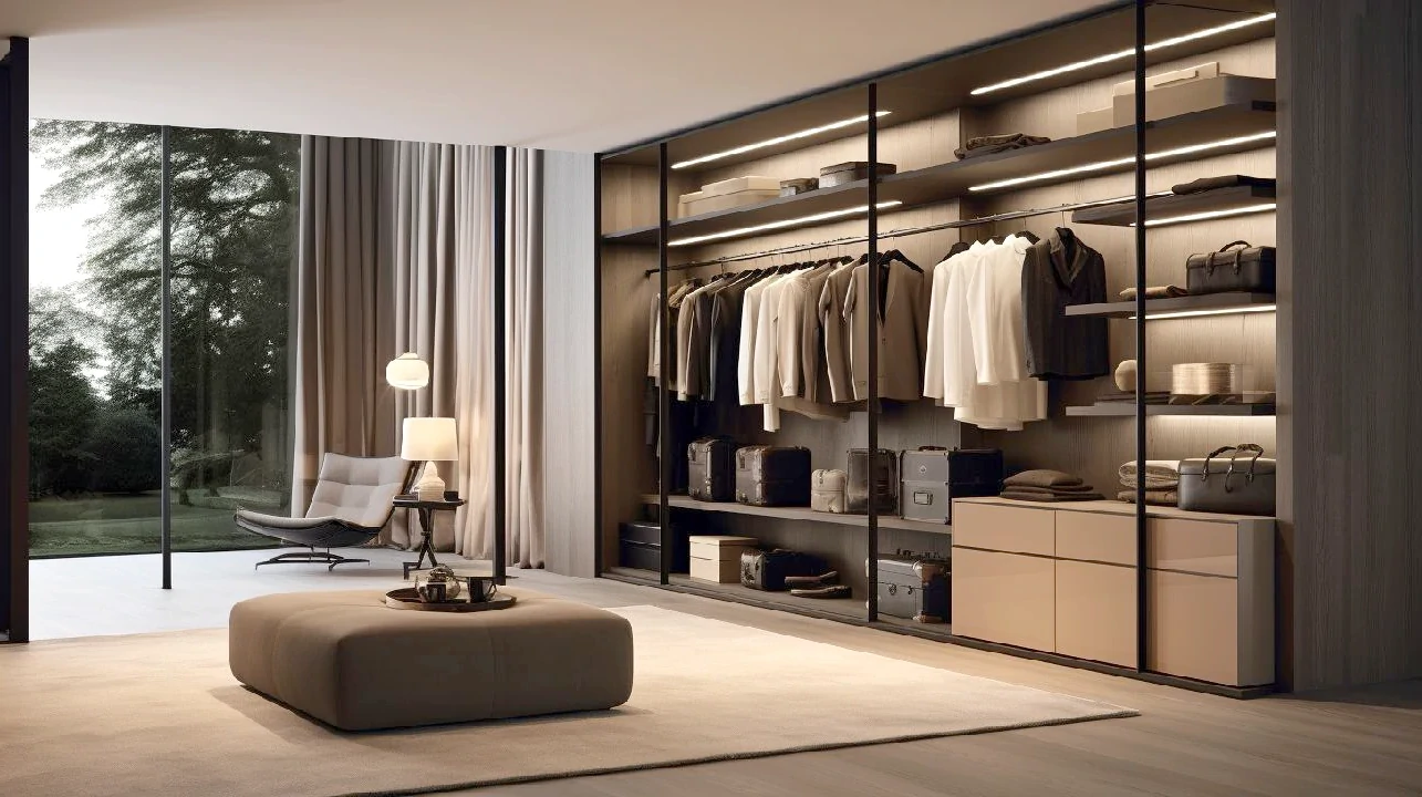 Design elegante de roupeiro aberto feito por medida, ideal para otimizar espaço em quartos modernos.