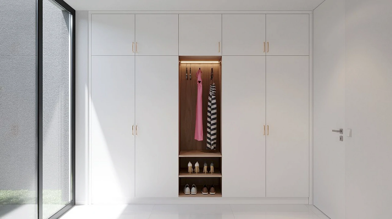 Roupeiro moderno com portas de abrir brancas, combinando estilo minimalista e praticidade diária.