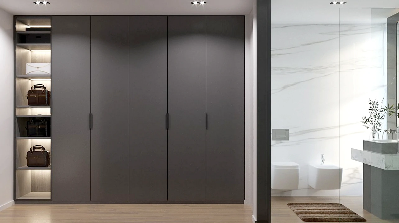 Roupeiro clássico com portas de abrir em wengue preto, oferecendo armazenamento e elegância