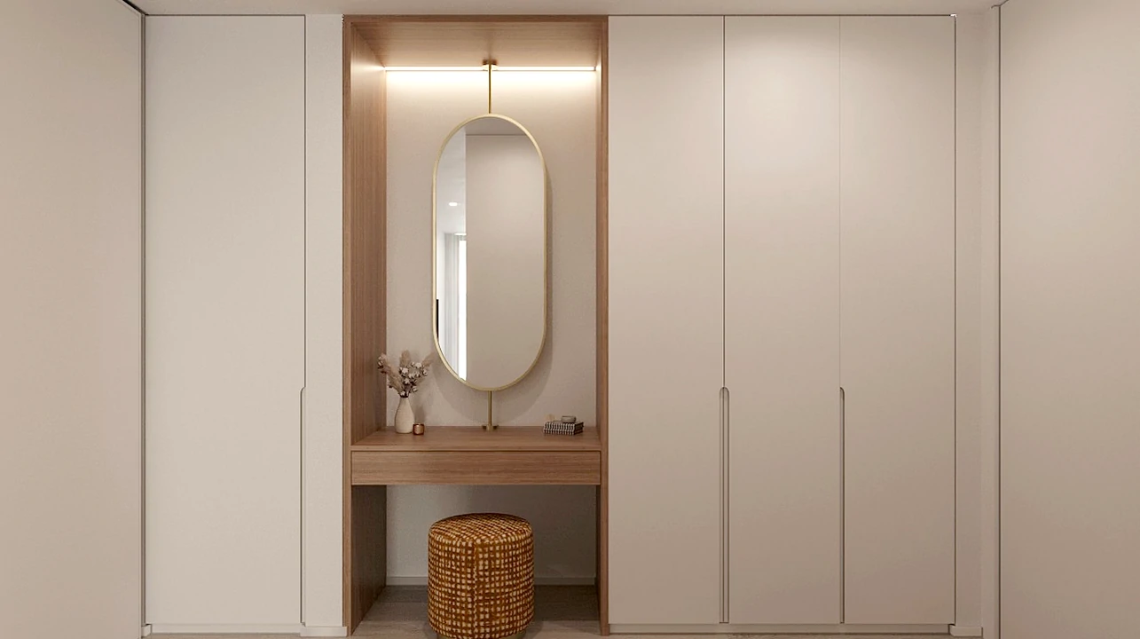 Estilo contemporâneo de roupeiro com portas de abrir e toucador, em acabamento elegante, valorizando o ambiente.
