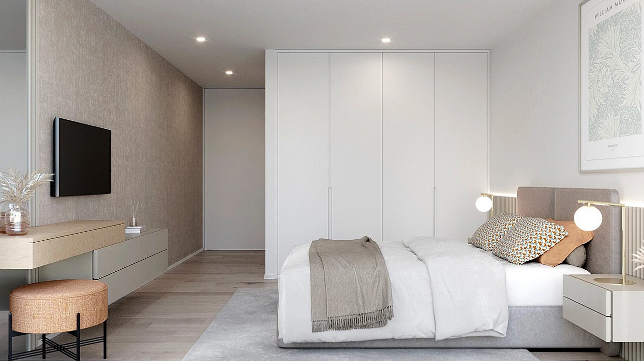 Roupeiro minimalista com portas de abrir brancas, ideal para um visual clean e organizado no quarto