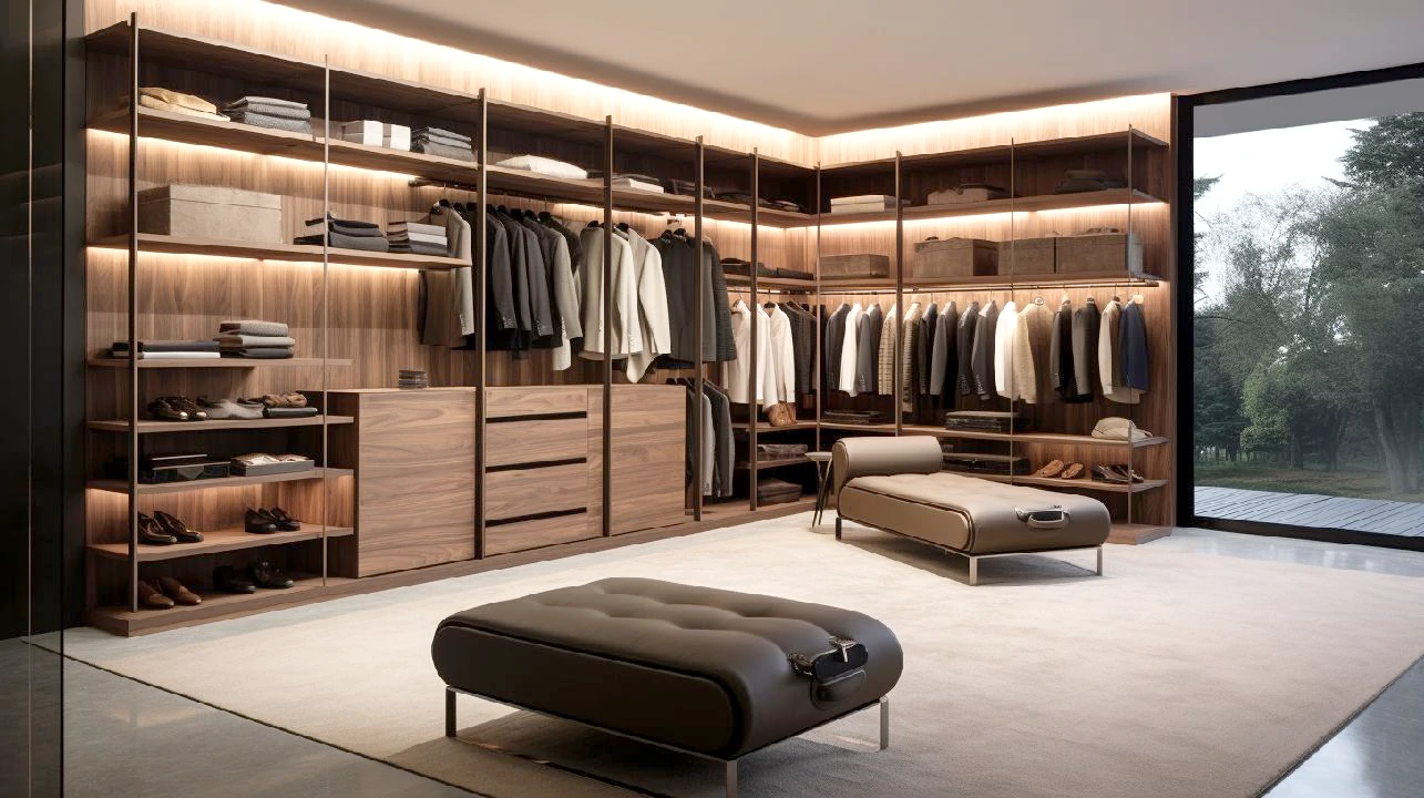 Closet aberto funcional, com divisórias inteligentes, perfeito para um espaço organizado e prático