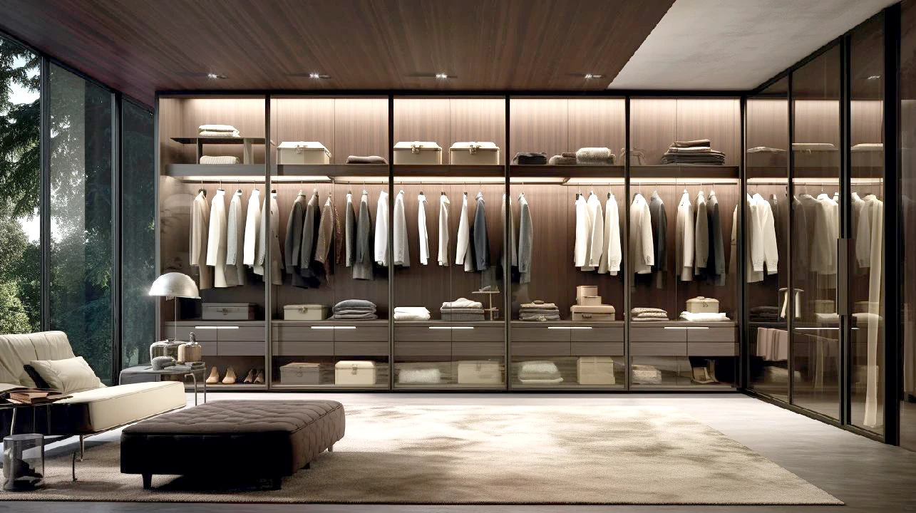 Design sofisticado em closet com portas de vidro, oferecendo visibilidade e um toque elegante.