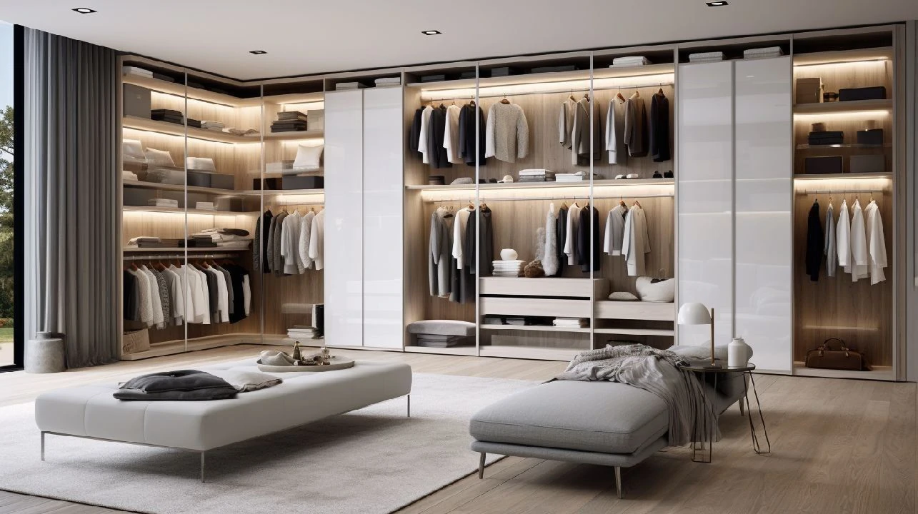 Closet aberto sofisticado, com acabamentos elegantes, oferecendo organização e estilo ao quarto