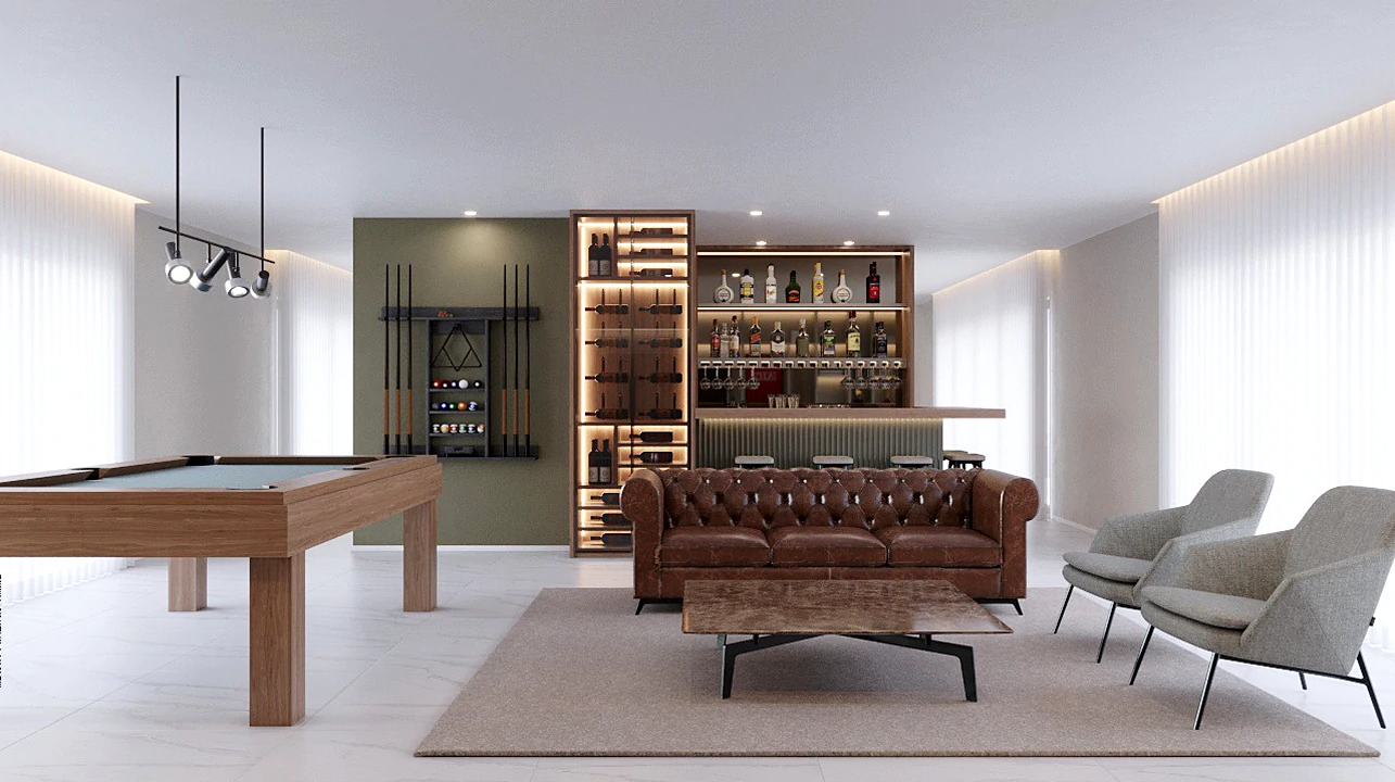 Móvel bar fechado com balcão, peça central para um ambiente de bar sofisticado em casa.