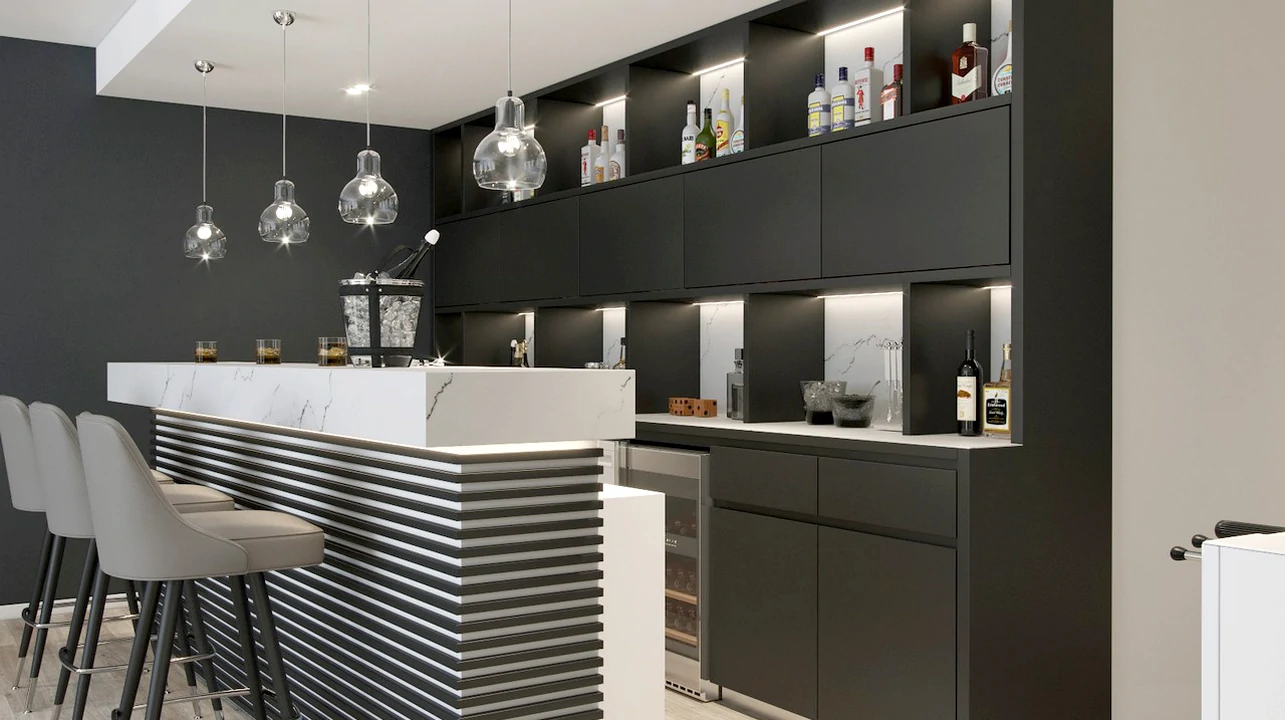 Balcão bar integrado em móvel, design contemporâneo para um espaço de entretenimento sofisticado