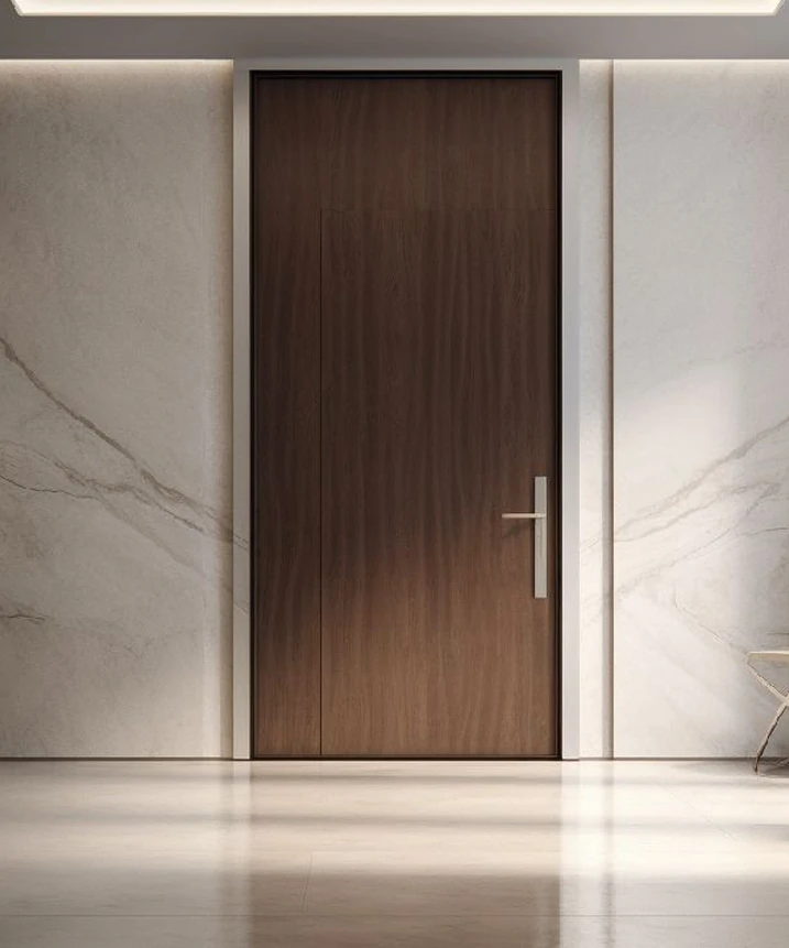 Elegante porta de nogueira em ambiente sofisticado, destacando-se pela sua beleza e acabamento refinado.