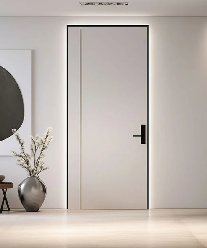 Porta interior lacada de branco, trazendo luminosidade e modernidade ao design do ambiente.