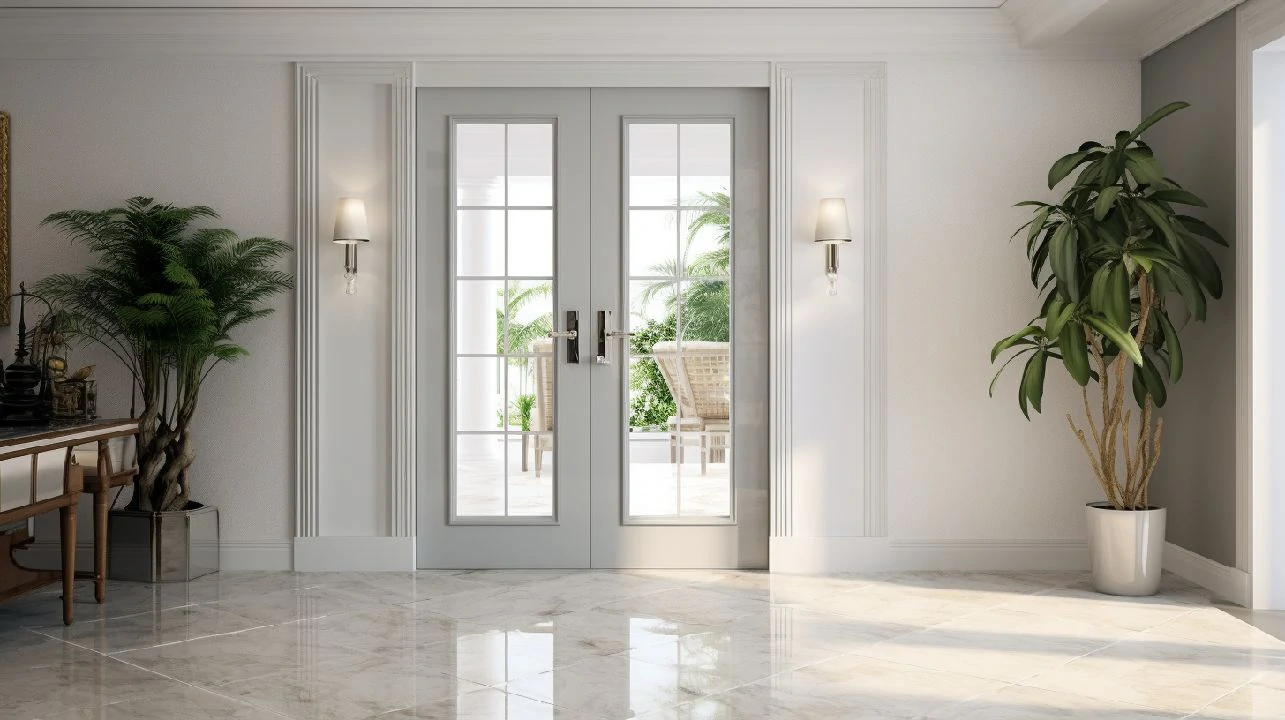 Portas duplas lacadas de branco com vidro fosco, elegância e privacidade em qualquer ambiente.