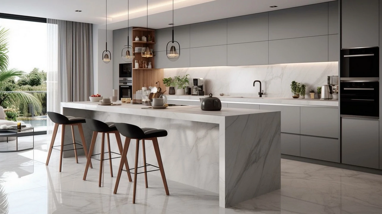 Cozinha contemporânea com ilha central moderna, equipada com eletrodomésticos de última geração