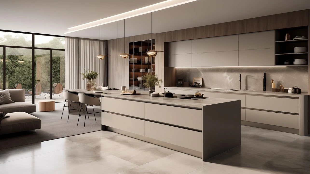 Cozinha elegante com ilha lacada em tom toupe, oferecendo design sofisticado e moderno.