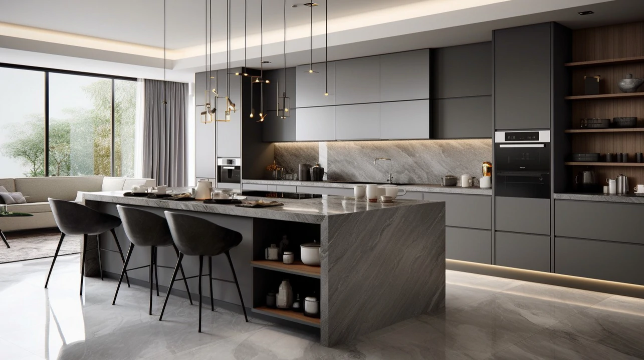Espaço culinário moderno com ilha central combina funcionalidade e estilo em uma cozinha iluminada.