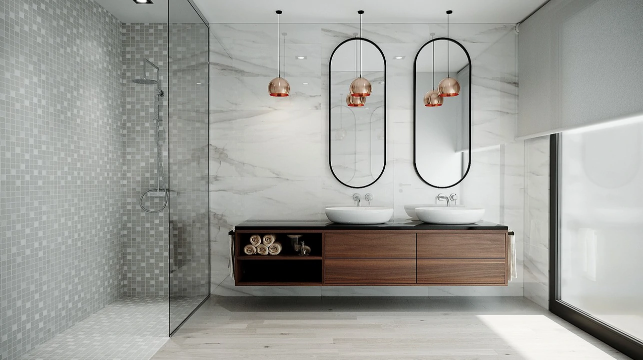 Casa de banho elegante com móvel e dois lavatórios, oferecendo funcionalidade e design moderno.