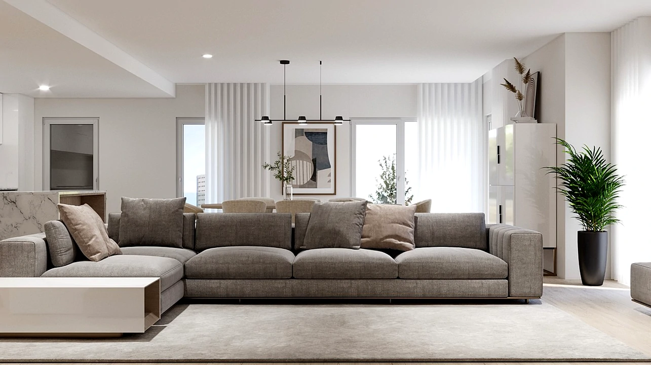 Sofá com chaise longue em tecido, oferecendo conforto e um toque moderno ao ambiente