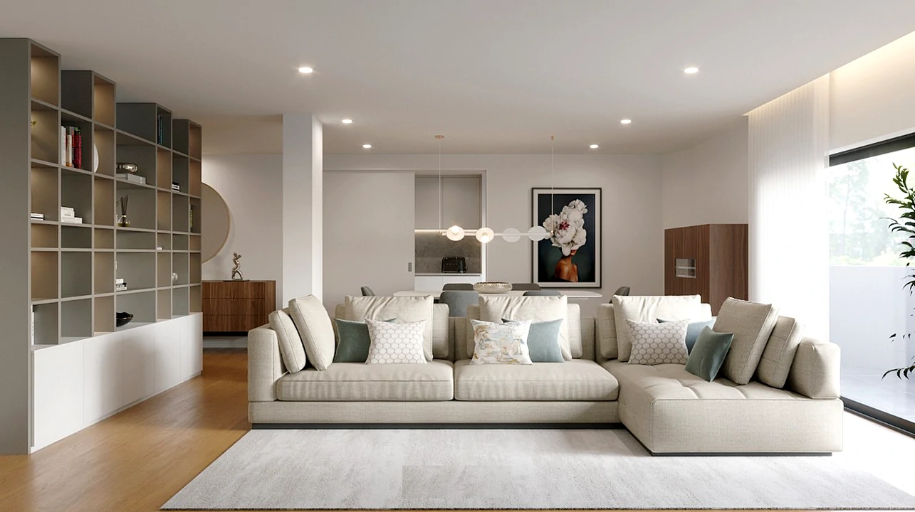Ambientes integrados de sala de estar e jantar, combinando funcionalidade e elegância.