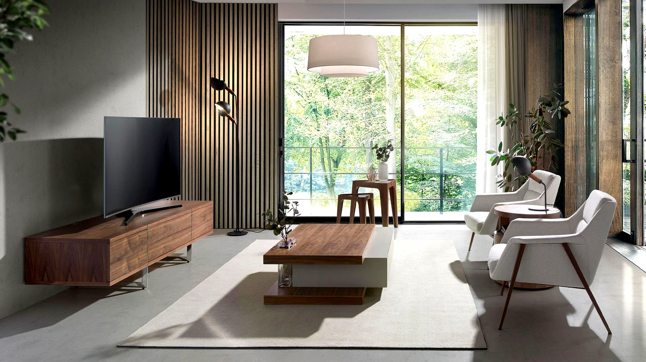 Sala de estar elegante com sofás e móvel TV em nogueira, unindo estilo e aconchego