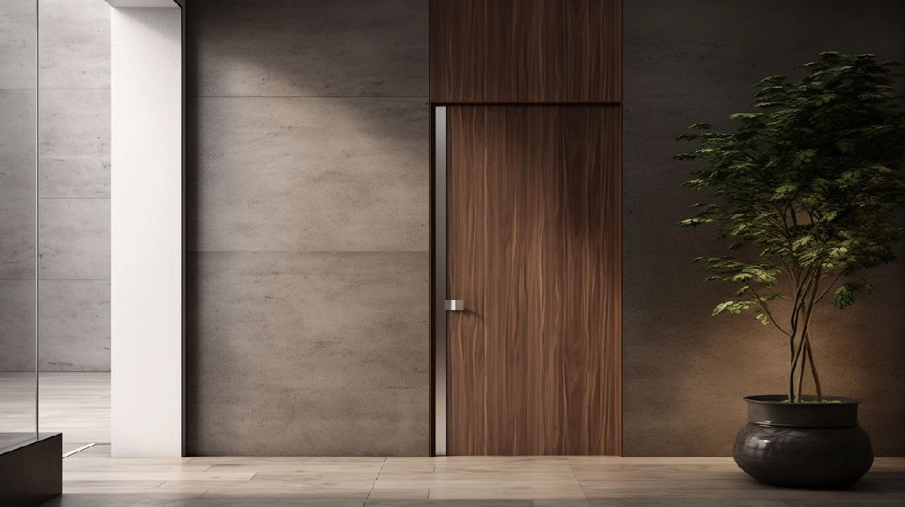 Porta interior em nogueira com design elegante e puxador em inox, ideal para ambientes sofisticados.