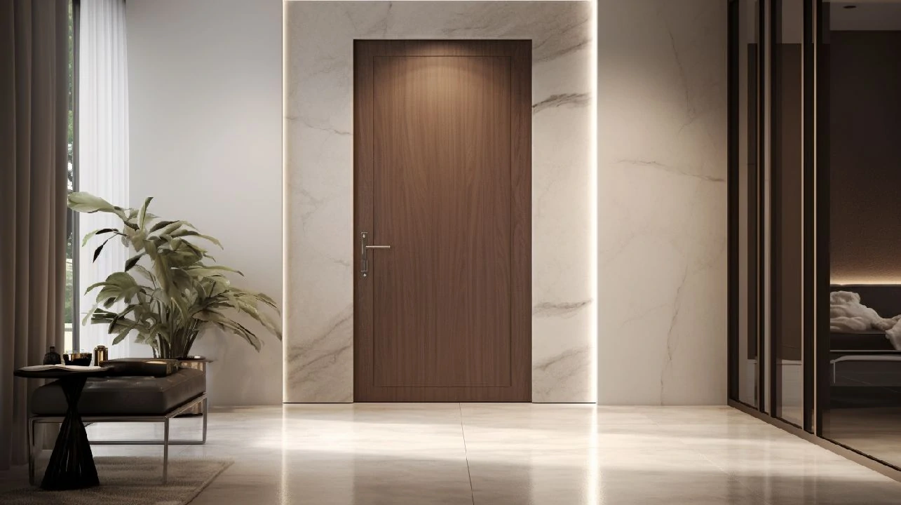 Porta interior com frisos, molduras ou outros elementos decorativos, conferindo um toque mais clássico.